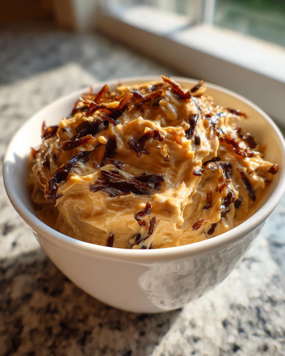 A white bowl filled with creamy caramelized onion dip, generously topped with dark, rich caramelized onions.