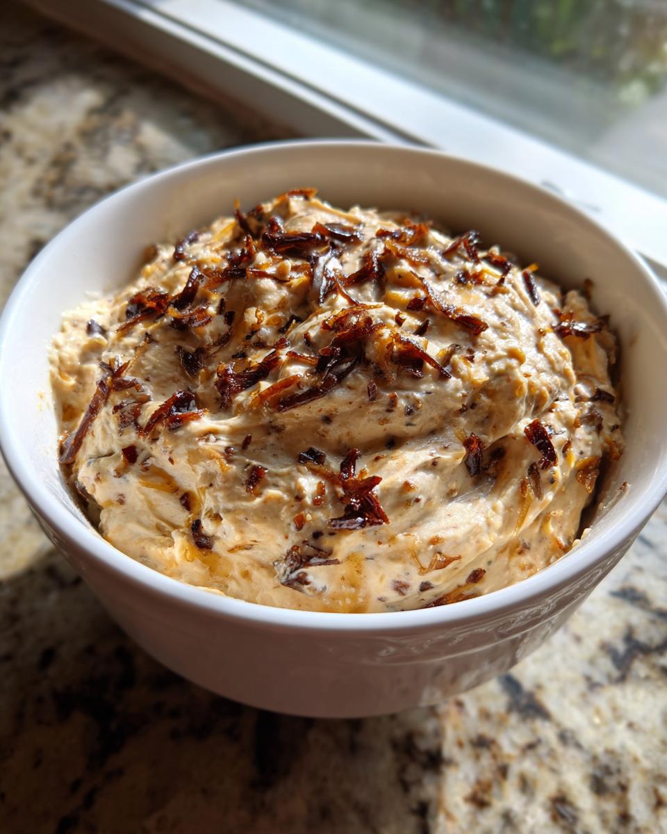 A close-up of creamy caramelized onion dip topped with crispy onions in a white bowl.
