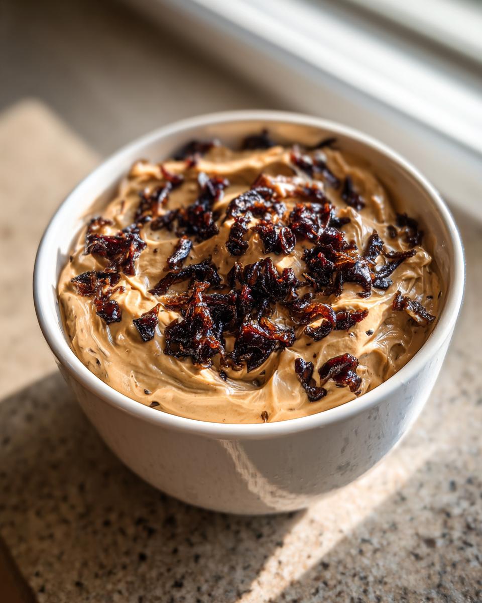 A white bowl filled with creamy caramelized onion dip, generously topped with dark, rich caramelized onions.