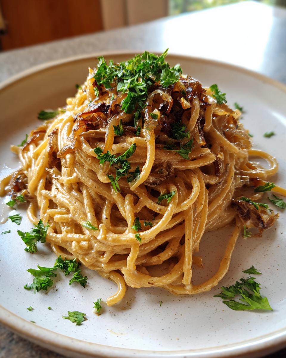 Close-up of creamy caramelized onion pasta tossed in sauce and topped generously with dark caramelized onions and fresh parsley.