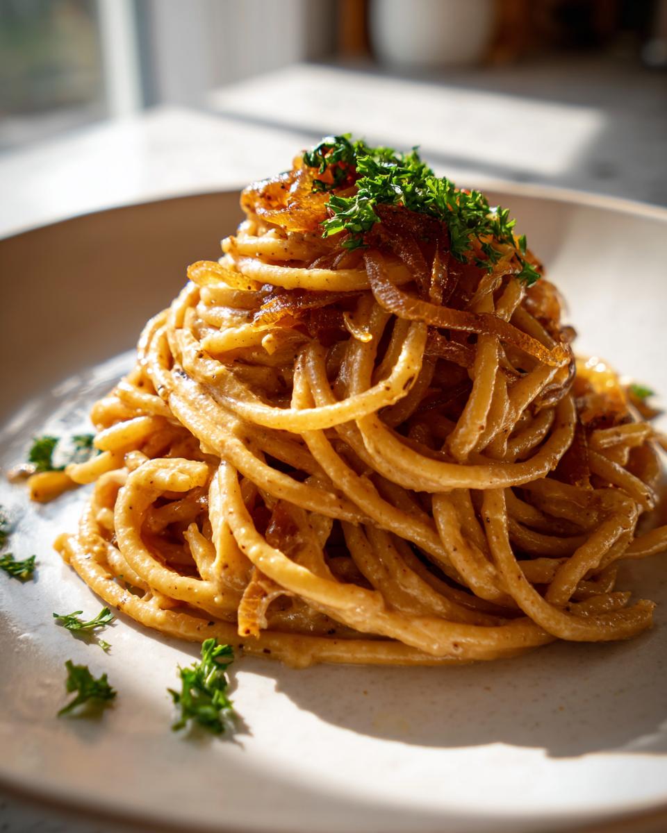 A tall swirl of creamy caramelized onion pasta topped with rich caramelized onions and fresh parsley garnish.