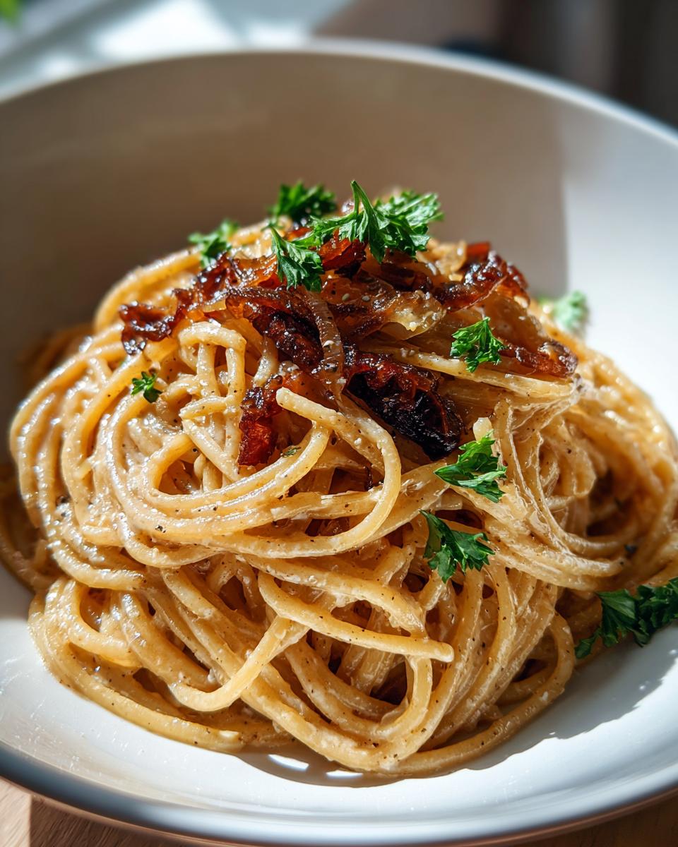 A close-up of creamy caramelized onion pasta topped with deeply browned onions and fresh parsley.