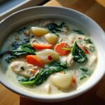 A close-up of a creamy chicken gnocchi soup featuring tender gnocchi, sliced carrots, and wilted spinach in a white bowl.
