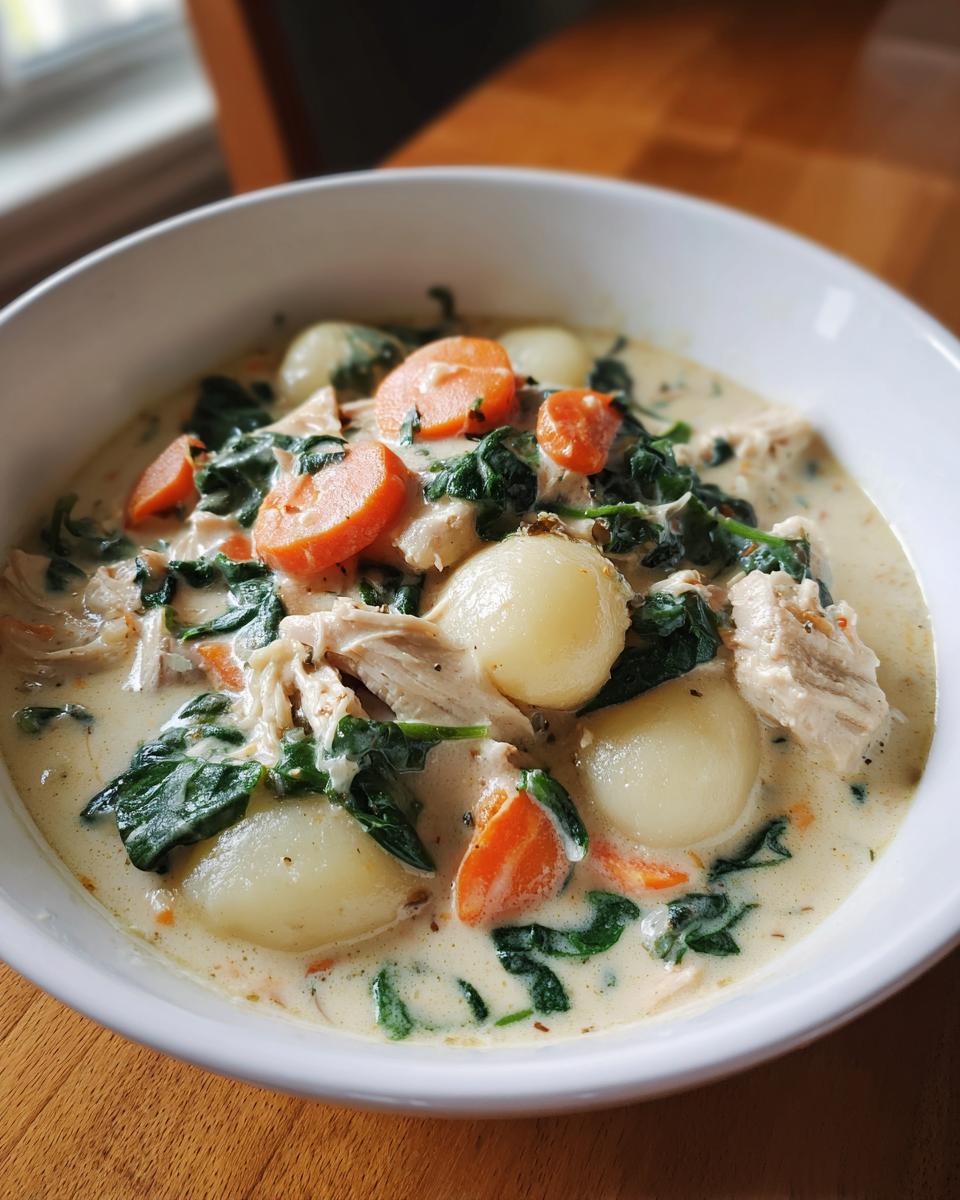A close-up of a bowl of creamy chicken gnocchi soup featuring tender gnocchi, shredded chicken, spinach, and sliced carrots.