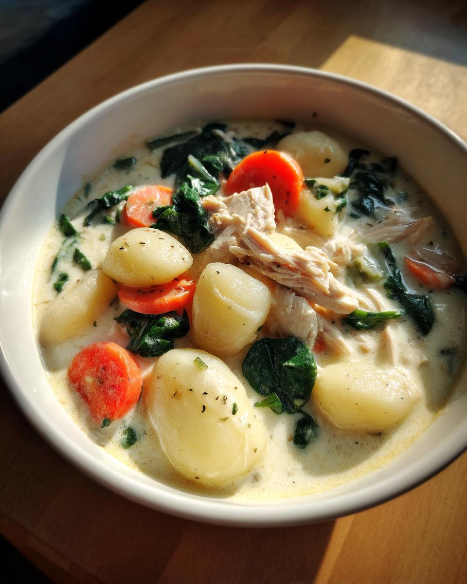 A close-up of a bowl of creamy chicken gnocchi soup featuring tender gnocchi, shredded chicken, carrots, and spinach.
