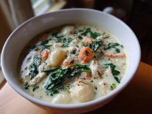 Close-up of a hearty bowl of creamy chicken gnocchi soup with carrots and spinach.