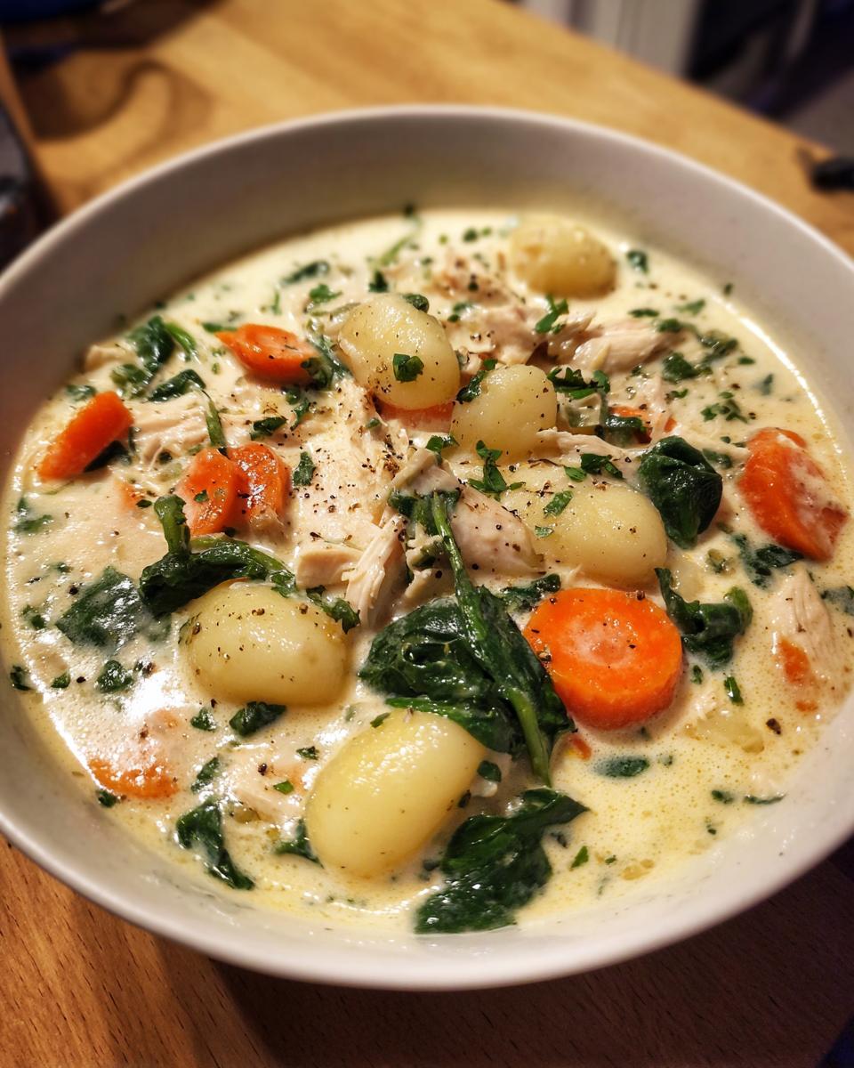 A close-up of a bowl of creamy chicken gnocchi soup, featuring plump gnocchi, shredded chicken, carrots, and spinach.