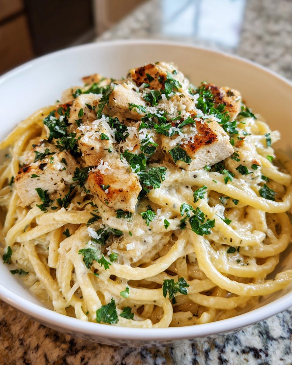 Close-up of a bowl of creamy chicken pasta topped with grilled chicken pieces, parsley, and grated parmesan cheese.