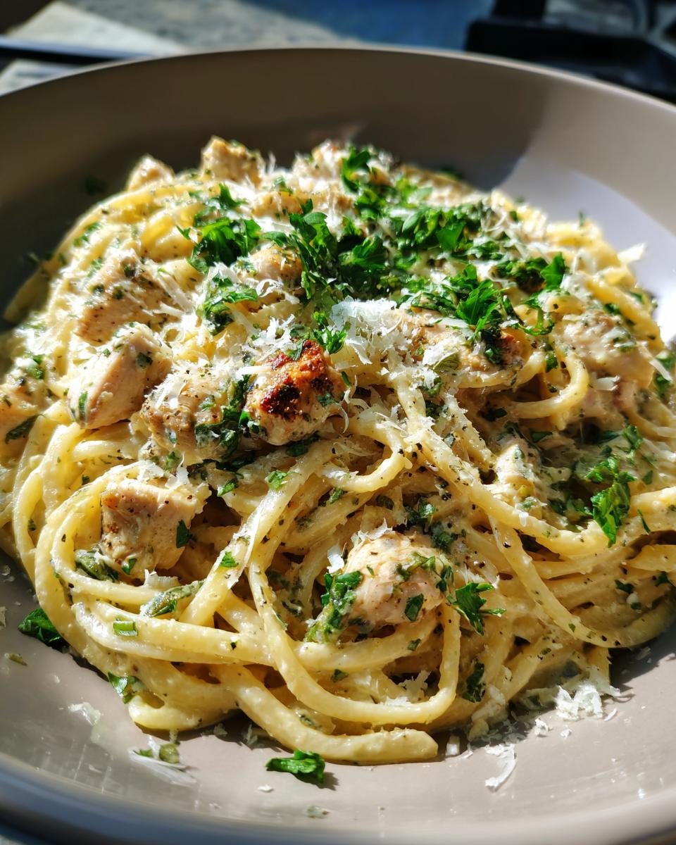 A close-up of a bowl of creamy chicken pasta, topped generously with grated Parmesan cheese and fresh chopped parsley.
