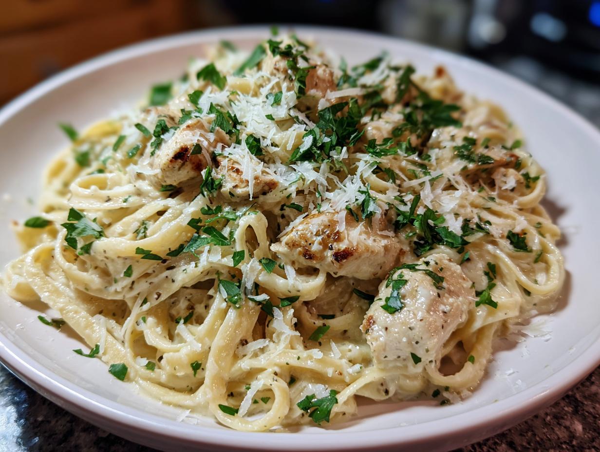 A close-up of creamy chicken pasta featuring fettuccine noodles, grilled chicken pieces, grated Parmesan, and fresh parsley.