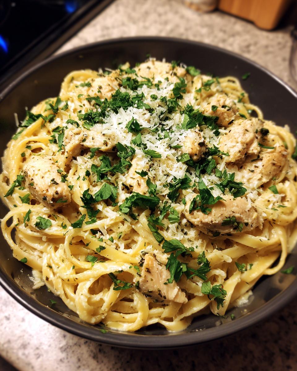 A close-up of creamy chicken pasta featuring fettuccine, sliced seasoned chicken, and topped with grated Parmesan and fresh parsley.