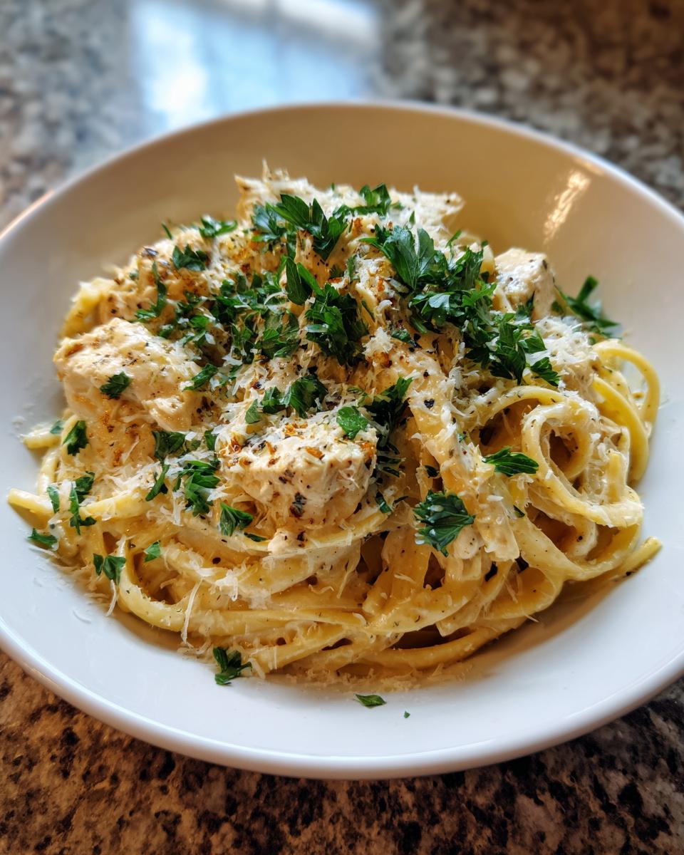 Close-up of a white bowl filled with creamy chicken pasta, topped generously with fresh parsley and grated cheese.