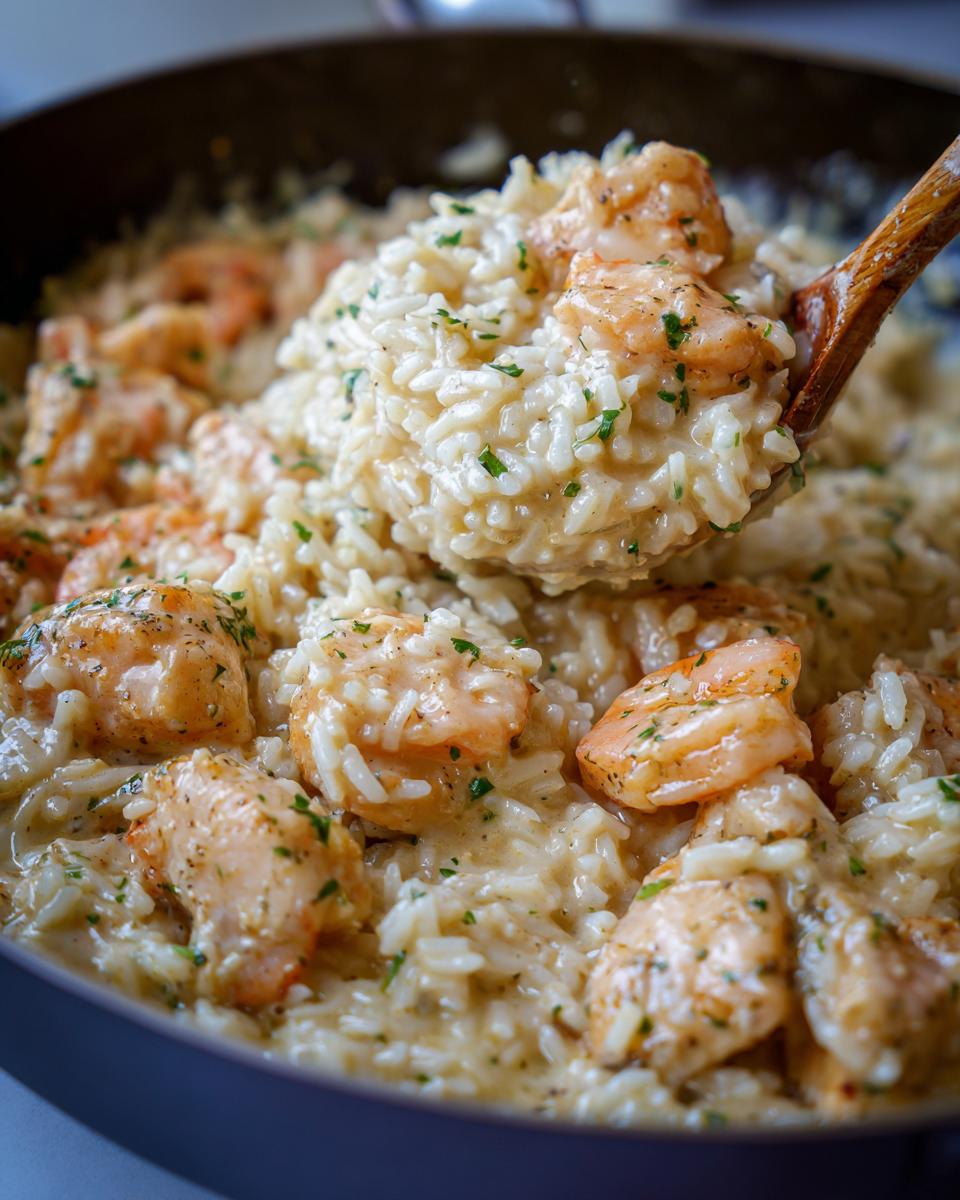 A wooden spoon lifts a scoop of creamy chicken scampi with garlic parmesan rice from a dark skillet.