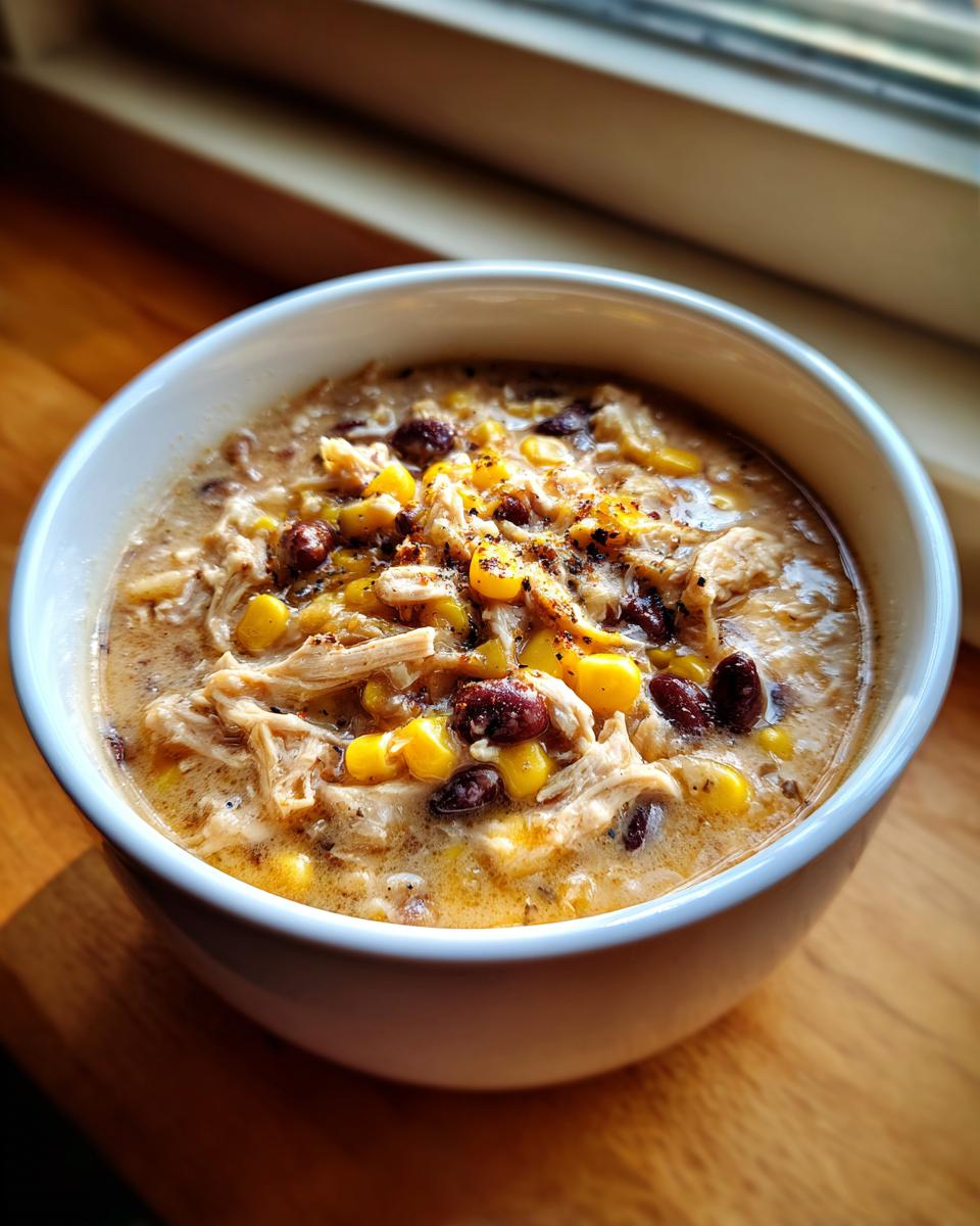 A close-up of creamy chicken taco soup topped with shredded chicken, corn, and black beans, seasoned with pepper.