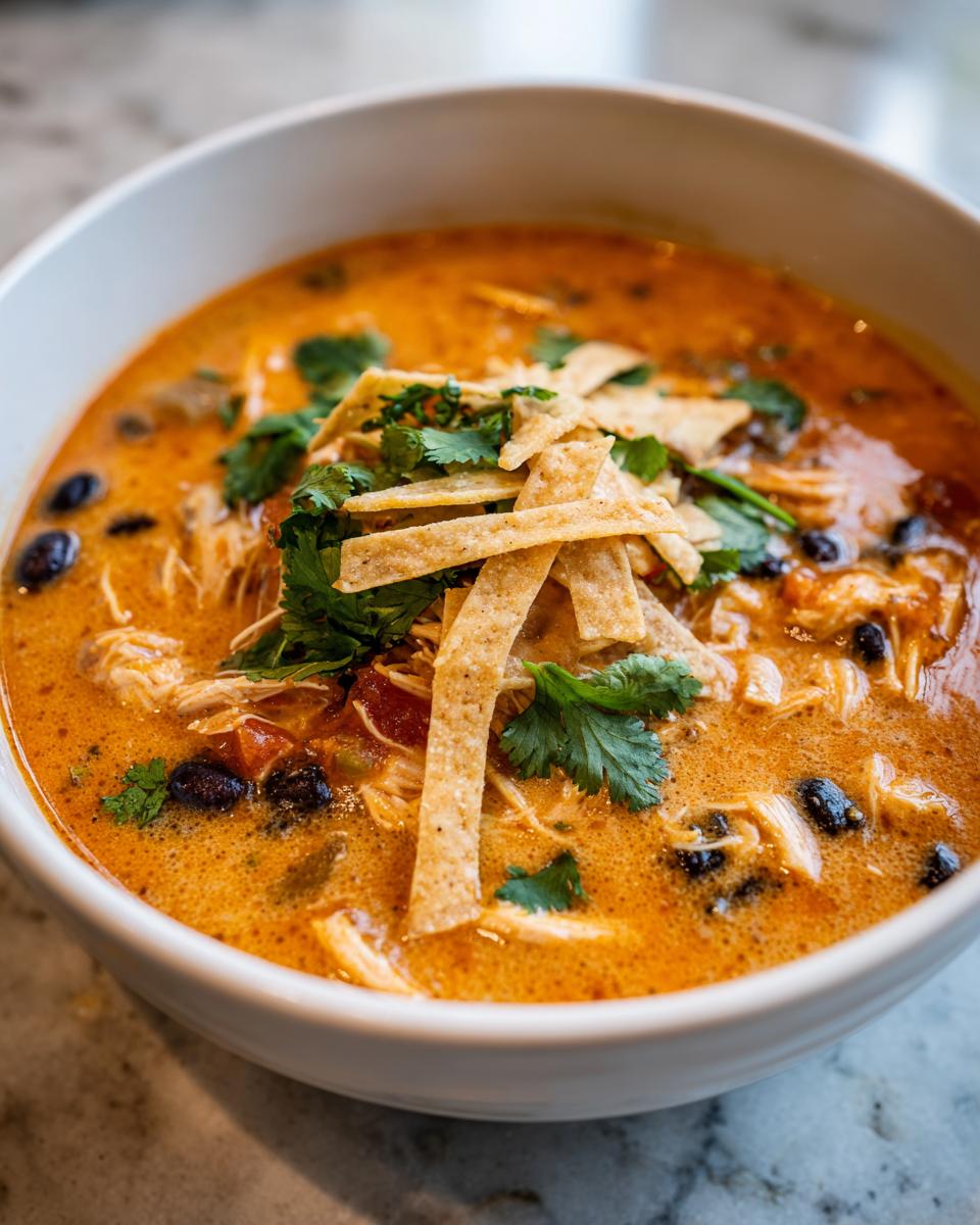 Close-up of creamy chicken tortilla soup topped with crispy tortilla strips, black beans, and fresh cilantro.