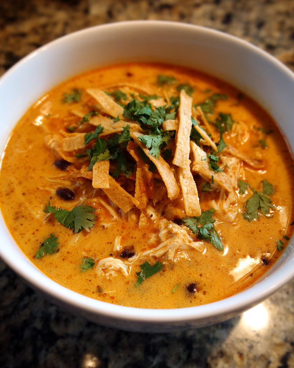 Close-up of a bowl of creamy chicken tortilla soup topped with crispy tortilla strips and fresh cilantro.