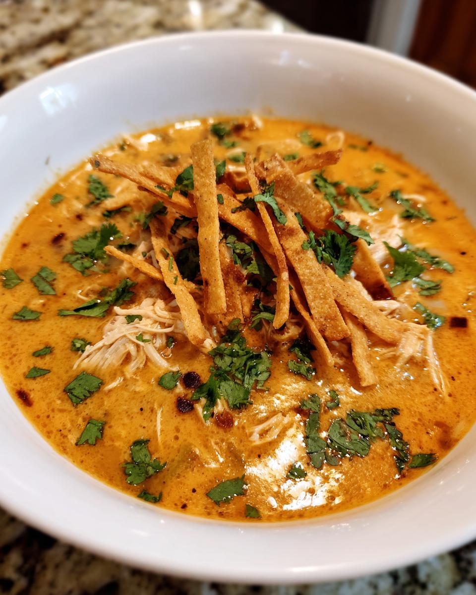 Close-up of a creamy chicken tortilla soup topped with shredded chicken, crispy tortilla strips, and fresh cilantro.