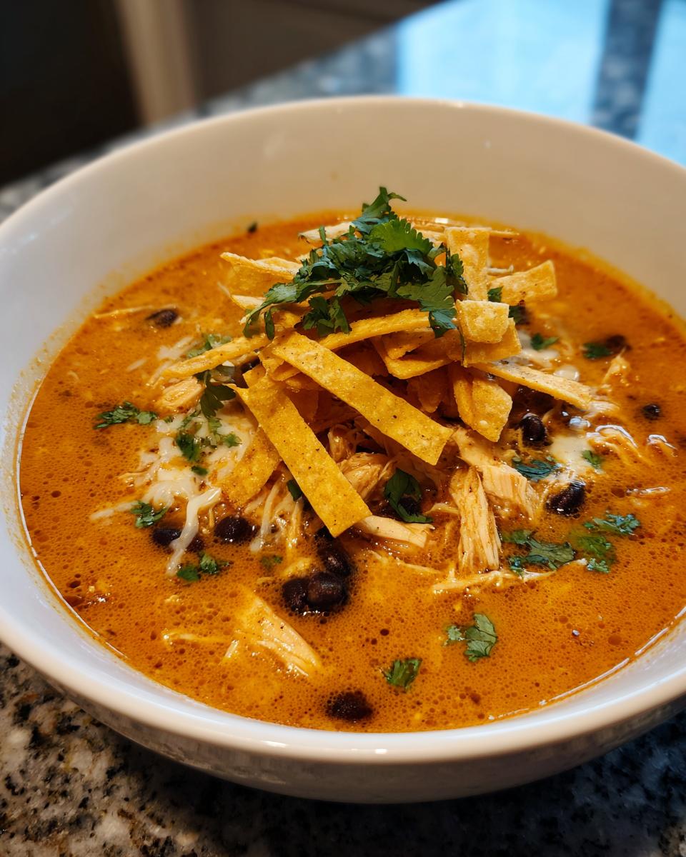 Close-up of creamy chicken tortilla soup topped with tortilla strips, cheese, and cilantro.