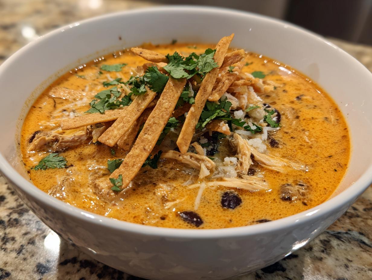 A close-up of a bowl of creamy chicken tortilla soup topped with tortilla strips, cilantro, and black beans.