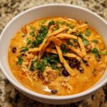 A close-up of creamy chicken tortilla soup topped with crispy tortilla strips, black beans, and fresh cilantro.