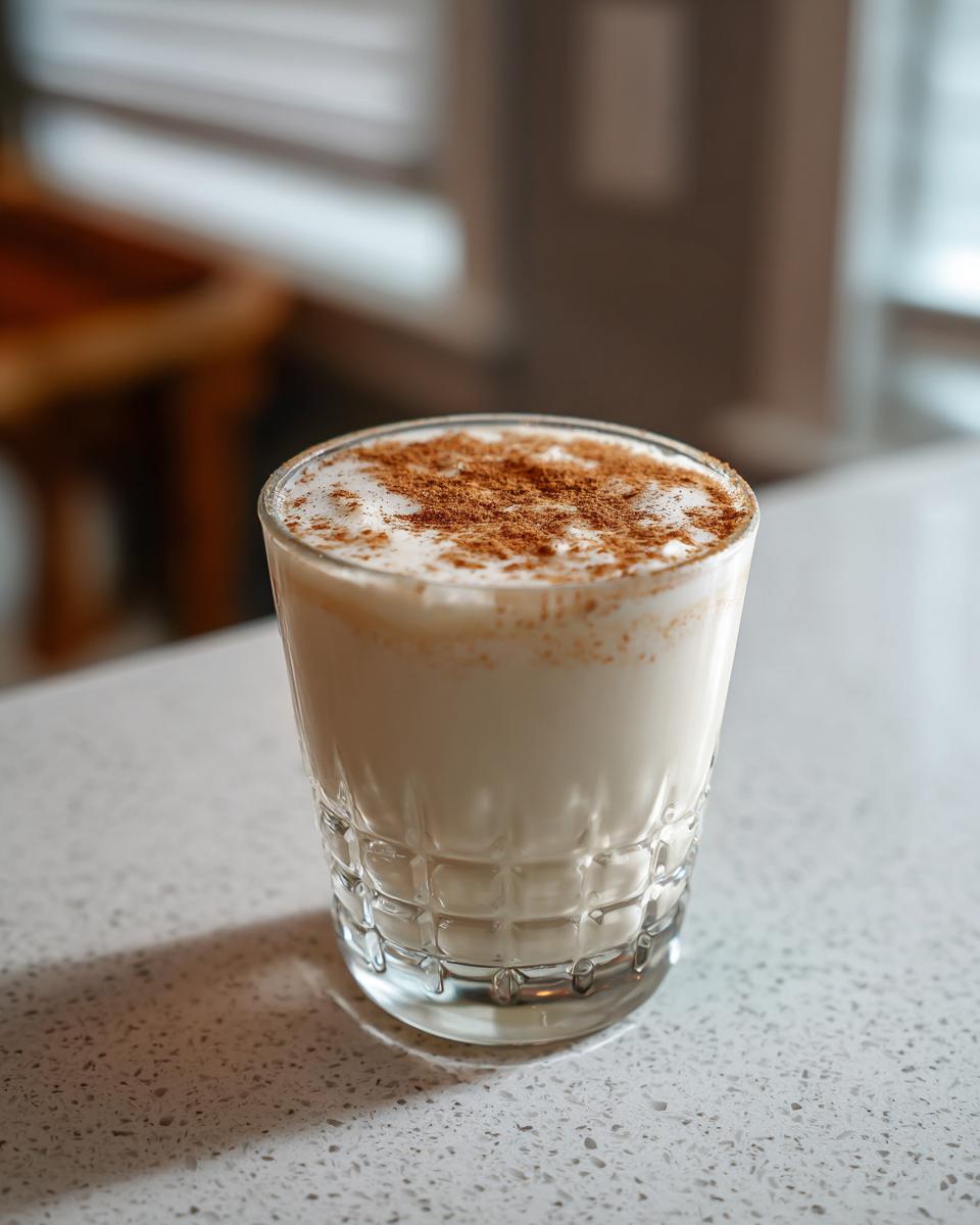 A glass of creamy coquito topped generously with ground cinnamon, sitting on a light countertop.