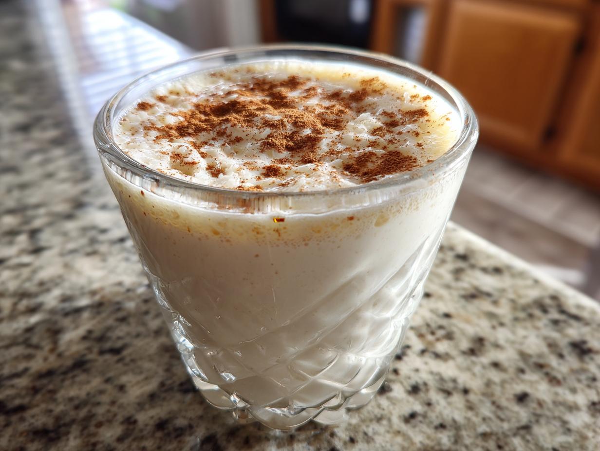 A close-up of a glass filled with creamy homemade coquito, dusted generously with ground cinnamon on top.