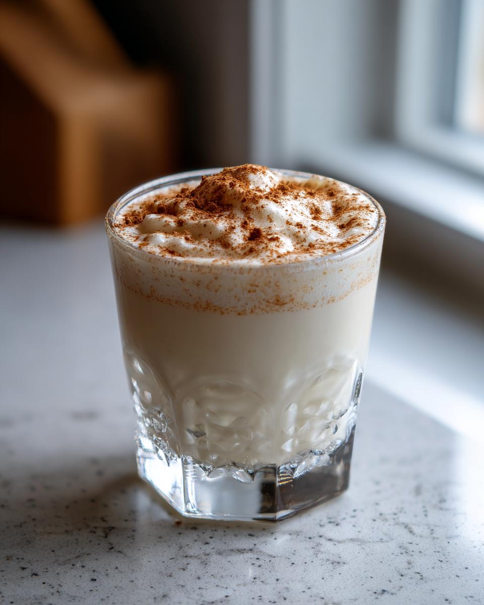 A glass of creamy, white coquito topped with whipped cream and a generous dusting of cinnamon.