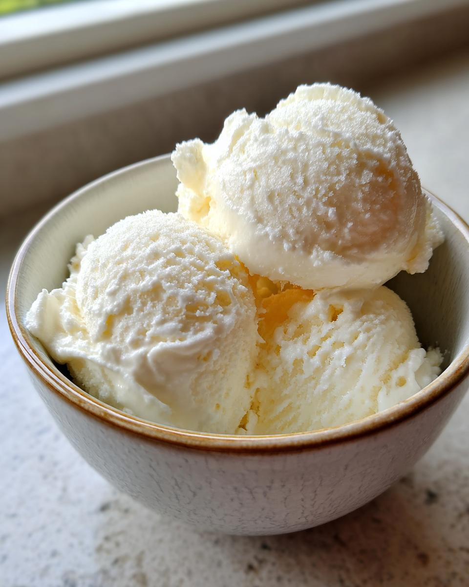 Three scoops of creamy, pale yellow cottage cheese ice cream served in a speckled ceramic bowl.