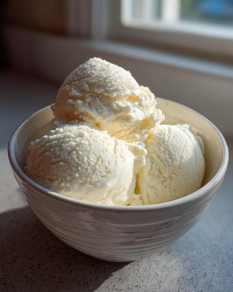 Three scoops of creamy, pale yellow cottage cheese ice cream served in a white bowl near a window.