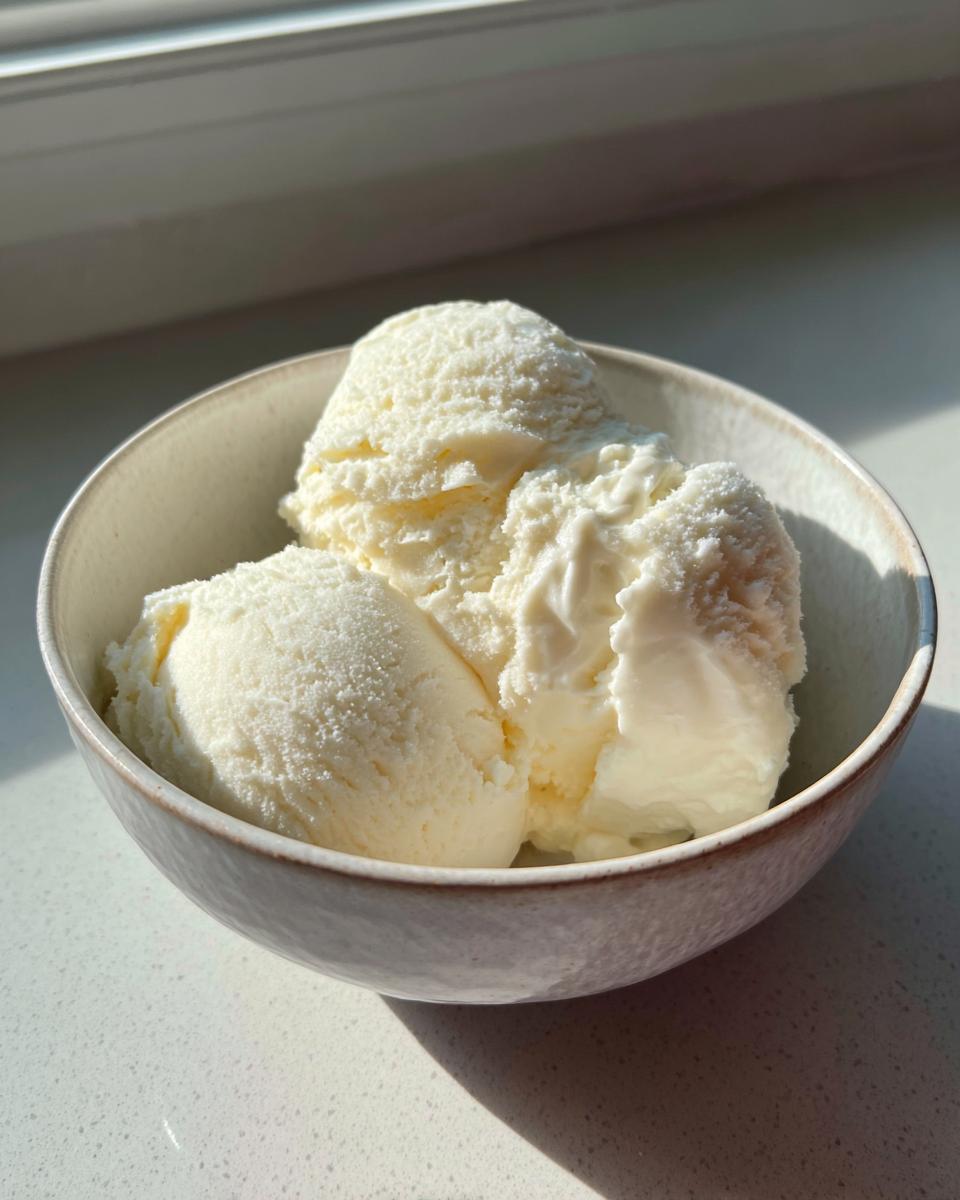 Three scoops of creamy, pale yellow cottage cheese ice cream served in a rustic bowl, highlighted by bright sunlight.