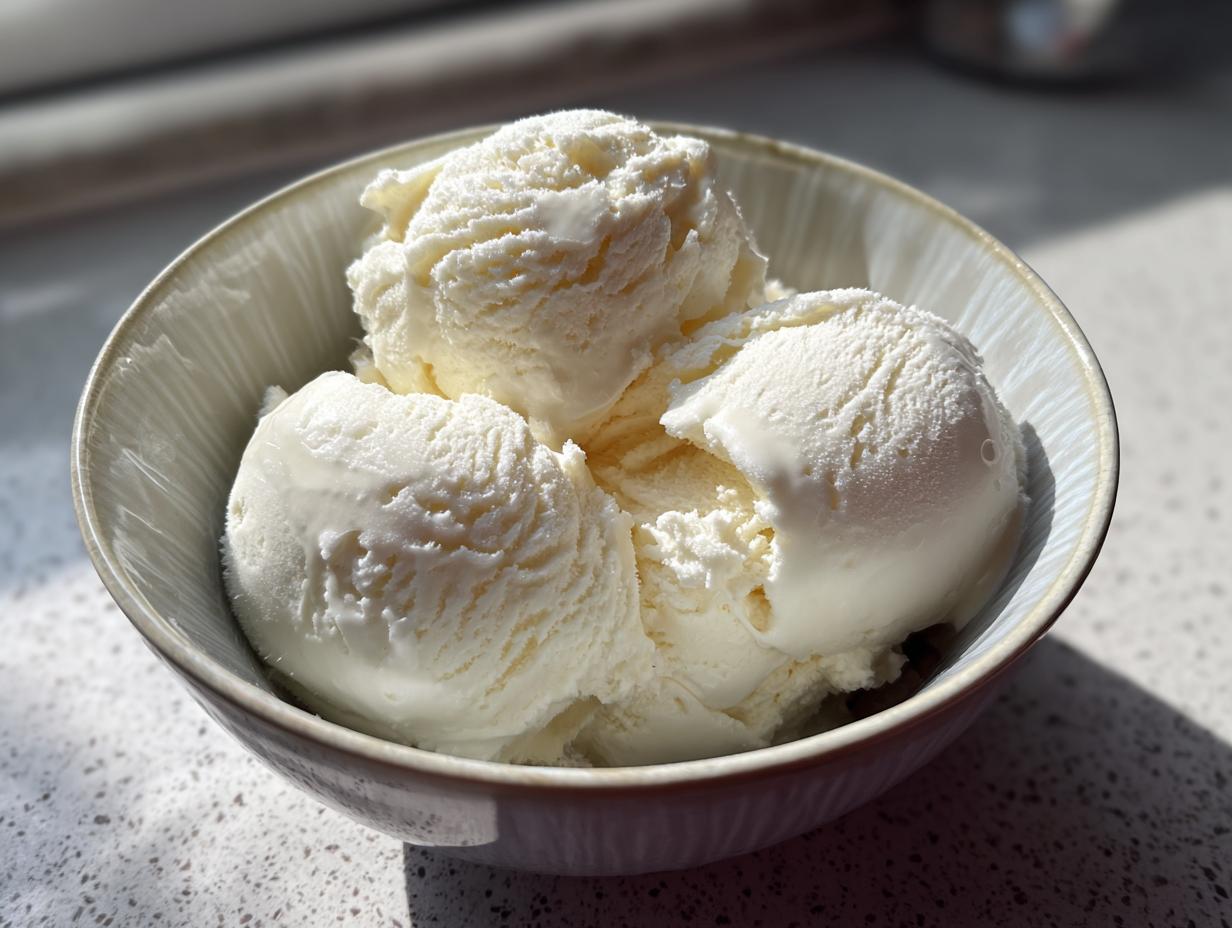 Three scoops of creamy white cottage cheese ice cream served in a light-colored bowl.