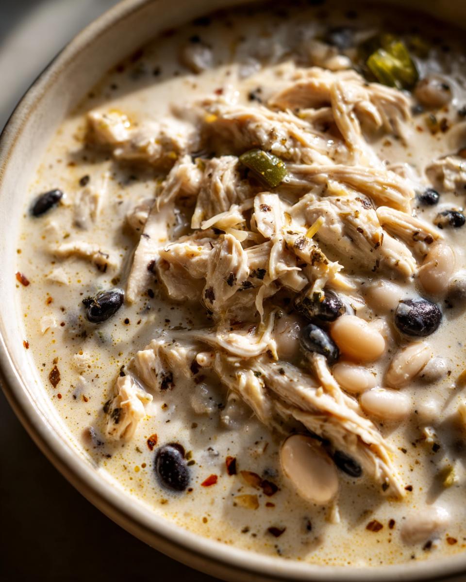 A close-up of rich, creamy white chili featuring shredded chicken, white beans, black beans, and green chilies: the best cream cheese chicken chili.