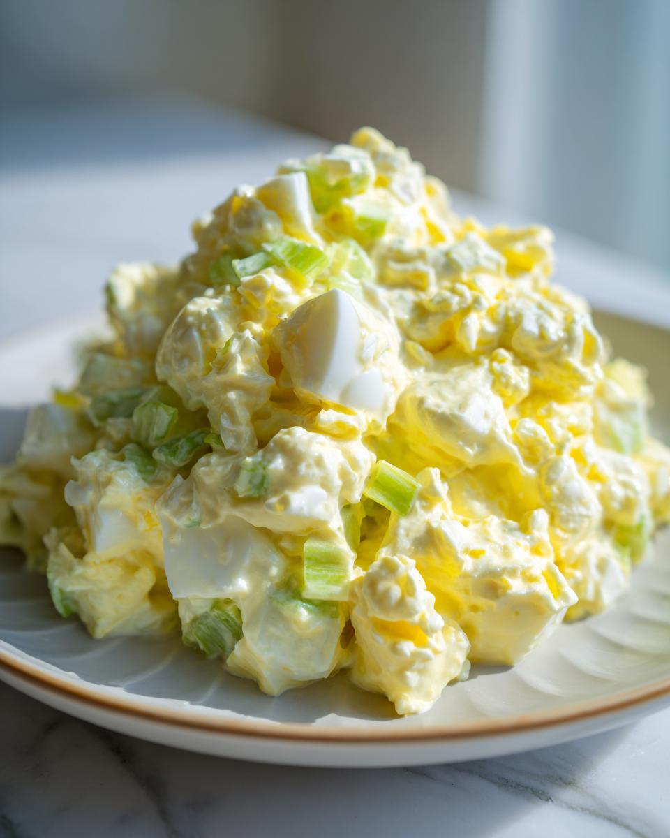 A close-up mound of creamy egg salad recipe mixed with chopped celery and visible chunks of hard-boiled egg.