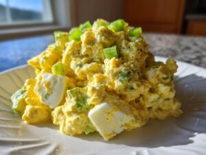 A close-up of a mound of creamy, yellow egg salad recipe topped with chopped green onions and black pepper.