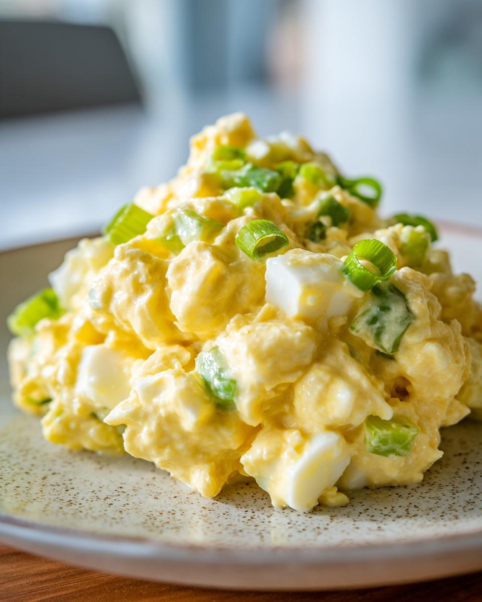 Close-up of a mound of creamy, yellow egg salad recipe dotted with white egg chunks and topped with sliced green onions.
