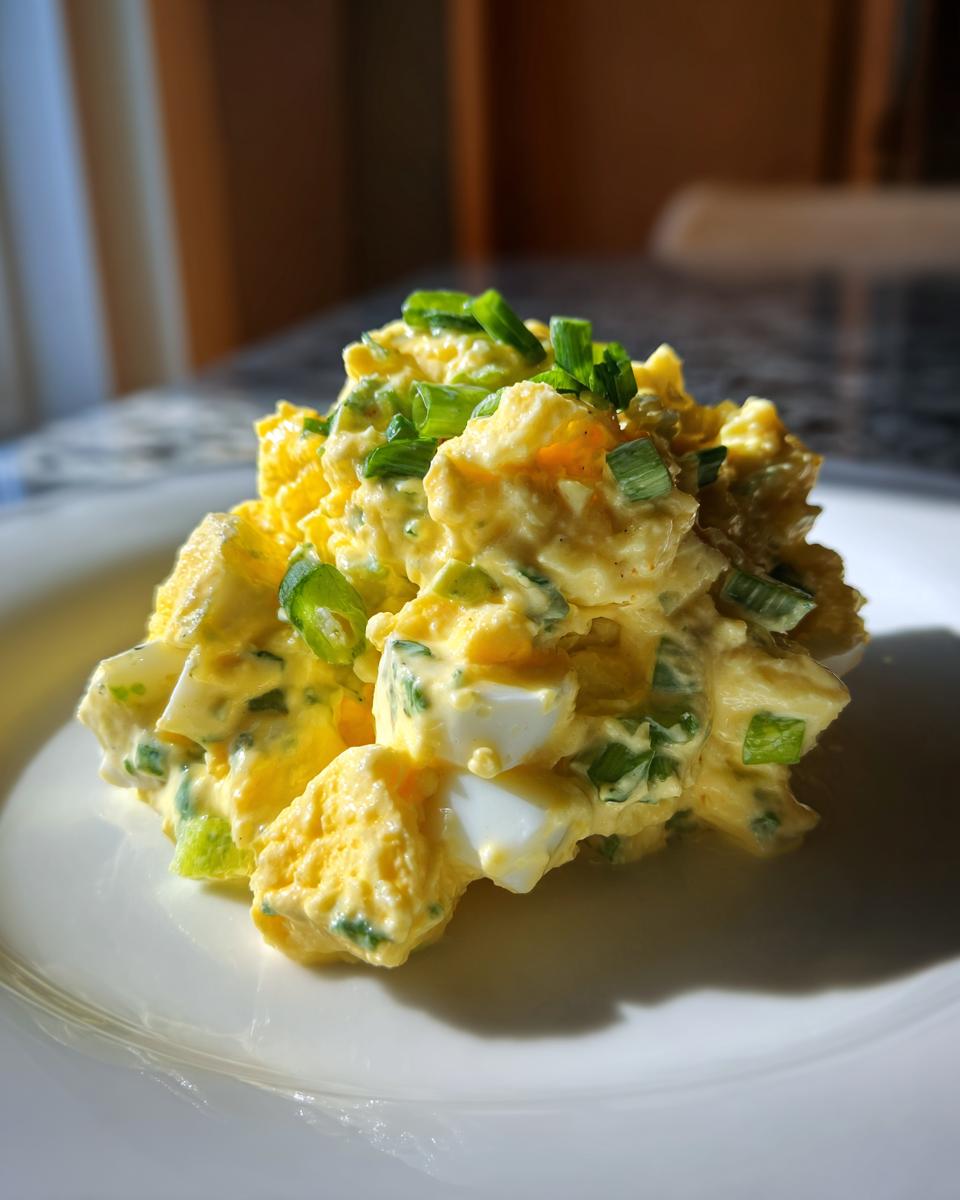A mound of creamy, yellow egg salad recipe garnished with fresh chopped green onions on a white plate.