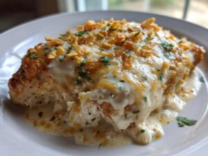Close-up of a baked Fiesta Lime Chicken breast covered in creamy white sauce, melted cheese, and crushed tortilla chips.