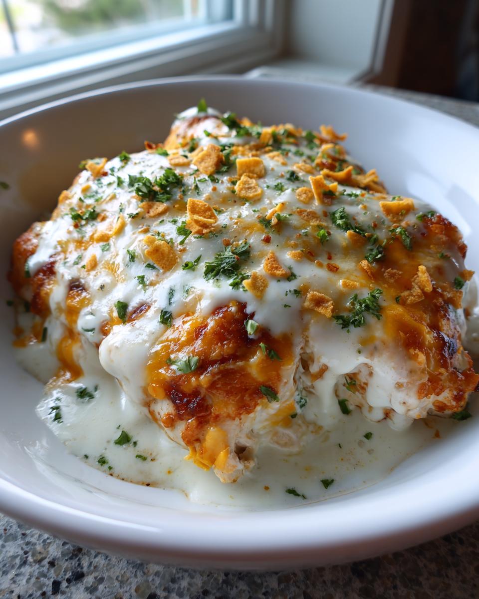A close-up of creamy Fiesta Lime Chicken covered in melted cheese, white sauce, and crushed tortilla chips.