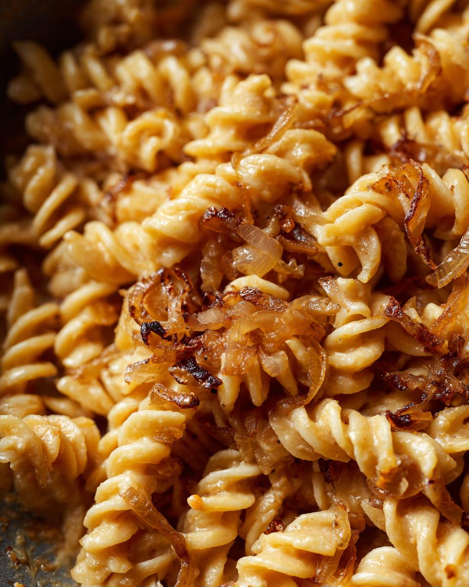 A close-up shot of creamy french onion pasta made with fusilli noodles topped generously with caramelized onions.