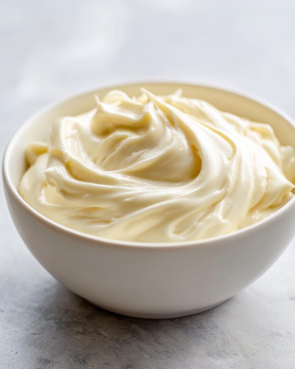 Close-up of smooth, swirled, creamy fruit dip in a white bowl, ready for serving.