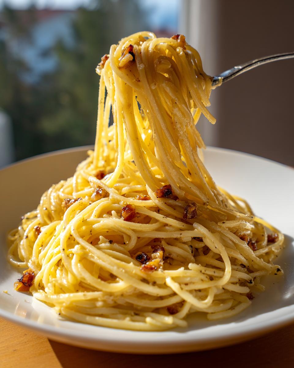 A fork lifts a twirling portion of creamy garlic noodles topped with crispy bits from a white plate.