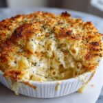Close-up of a creamy baked pasta dish, likely mac and cheese, featuring a golden, crispy topping and cheese pull, highlighting the garlic parmesan flavor.