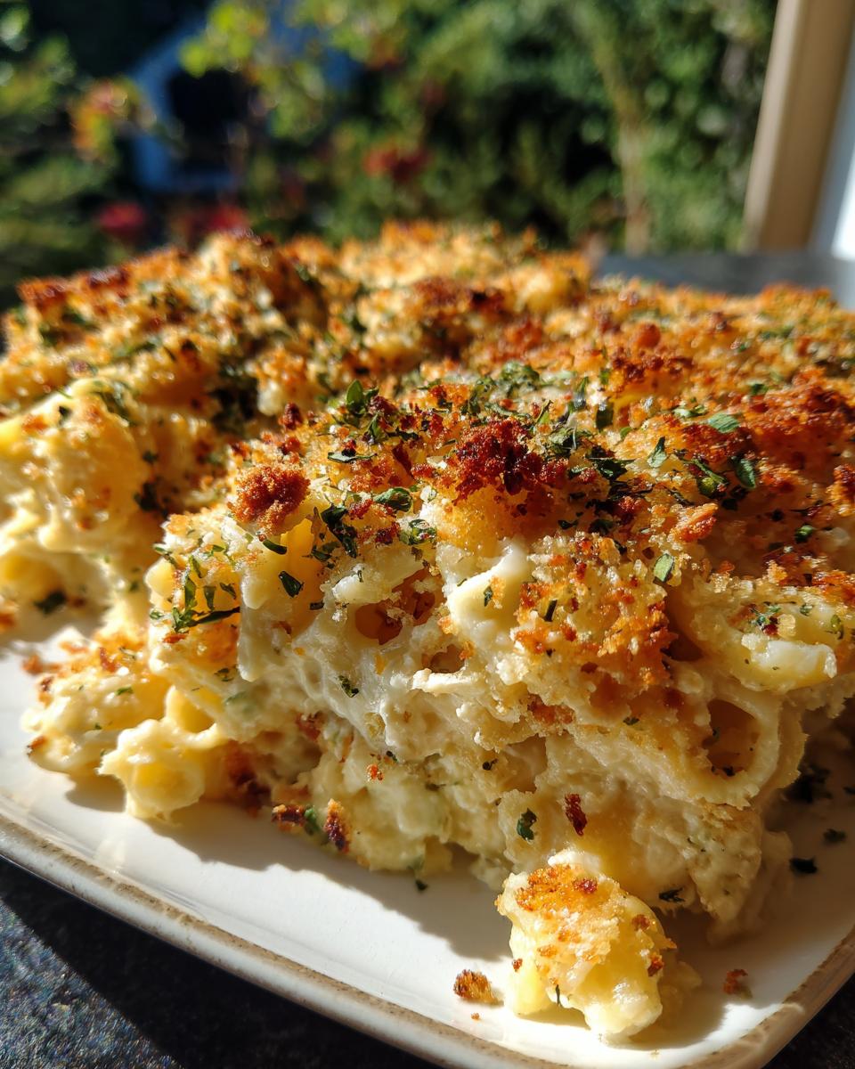 Close-up of a creamy pasta bake, rich with garlic parmesan sauce and topped with golden breadcrumbs and parsley.