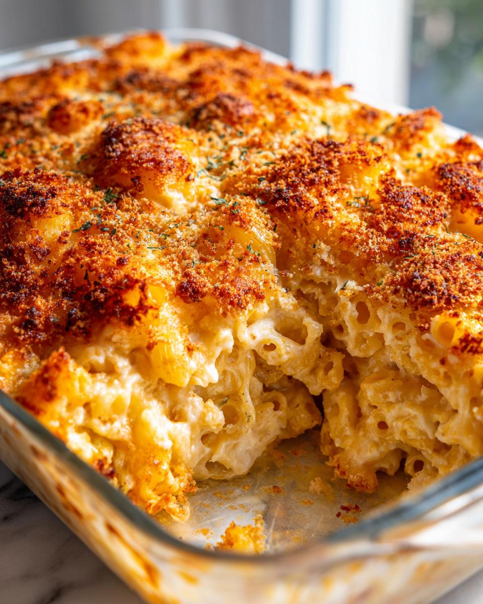 Close-up of a creamy, baked pasta dish topped with a golden brown, crunchy garlic parmesan crust.