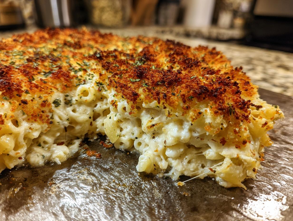 Close-up of a creamy baked macaroni dish featuring a golden, crispy topping, highlighting the gooey cheese of the garlic parmesan bake.