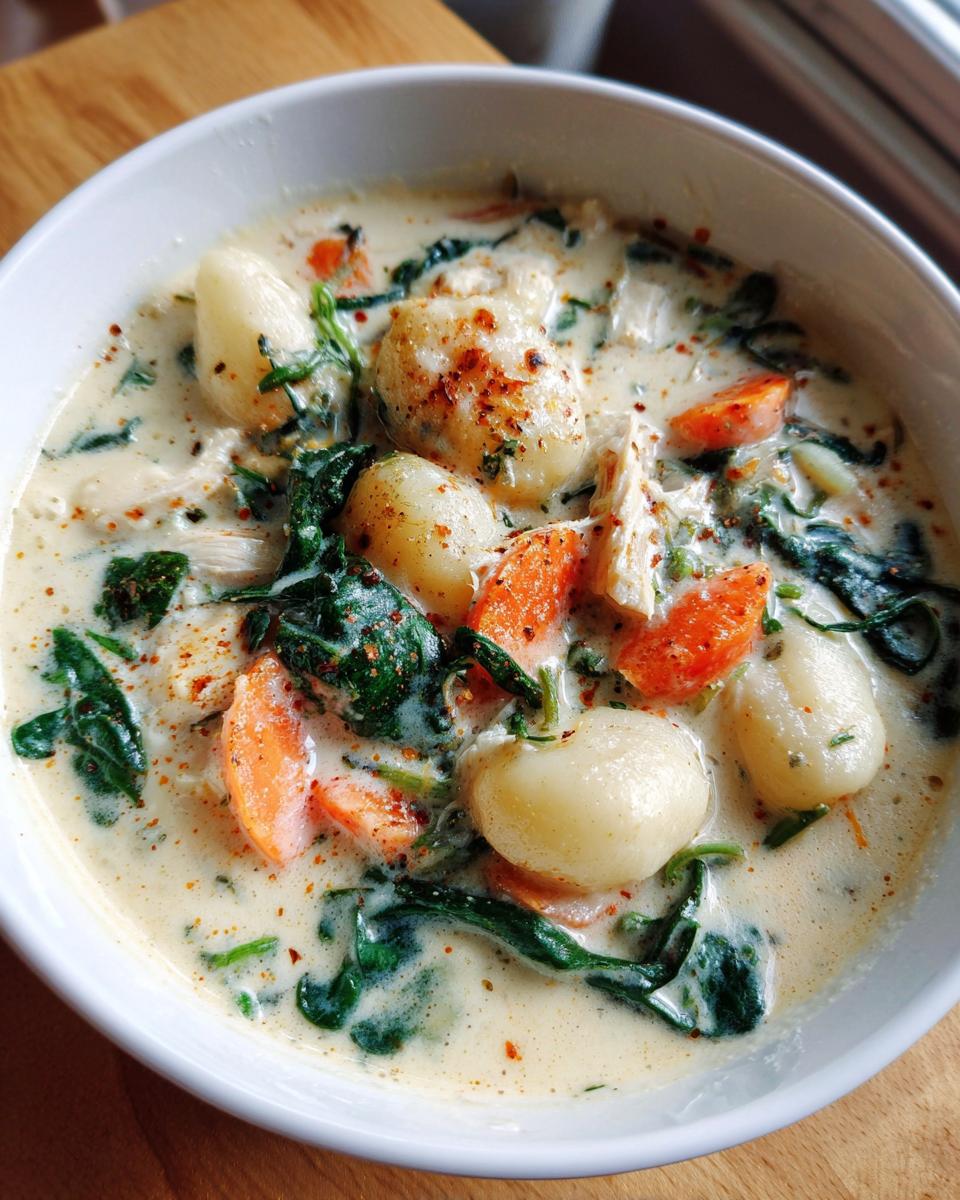 Close-up of a white bowl filled with creamy gnocchi soup featuring soft gnocchi, bright orange carrots, and dark green spinach.