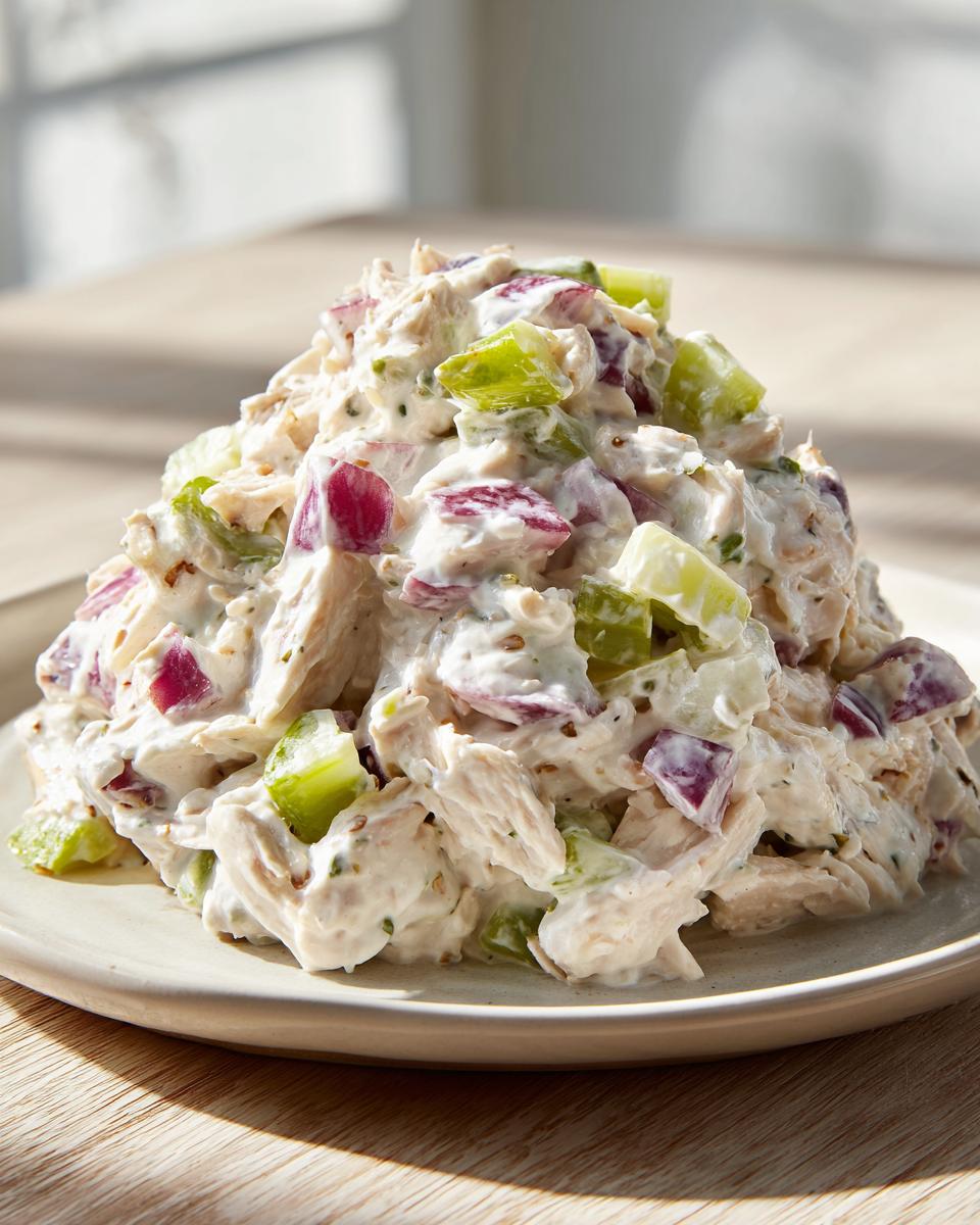A mound of creamy greek yogurt chicken salad featuring shredded chicken, diced celery, and red onion on a light plate.