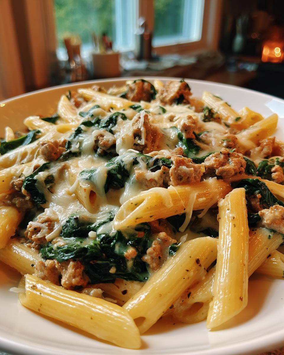 Close-up of a bowl of creamy ground turkey pasta featuring penne, ground turkey crumbles, wilted spinach, and melted cheese.