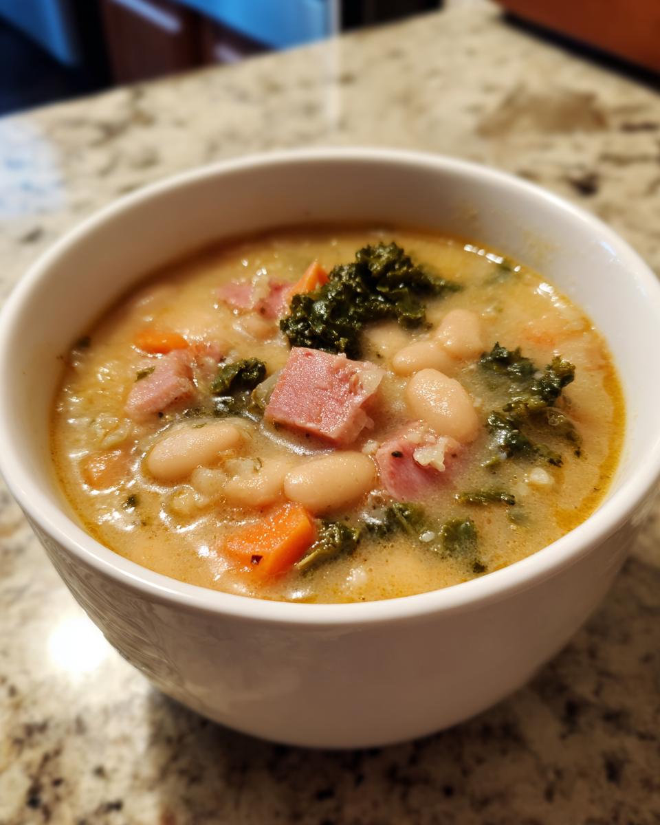 Close-up of a creamy white bean soup featuring chunks of ham, carrots, and dark green kale.