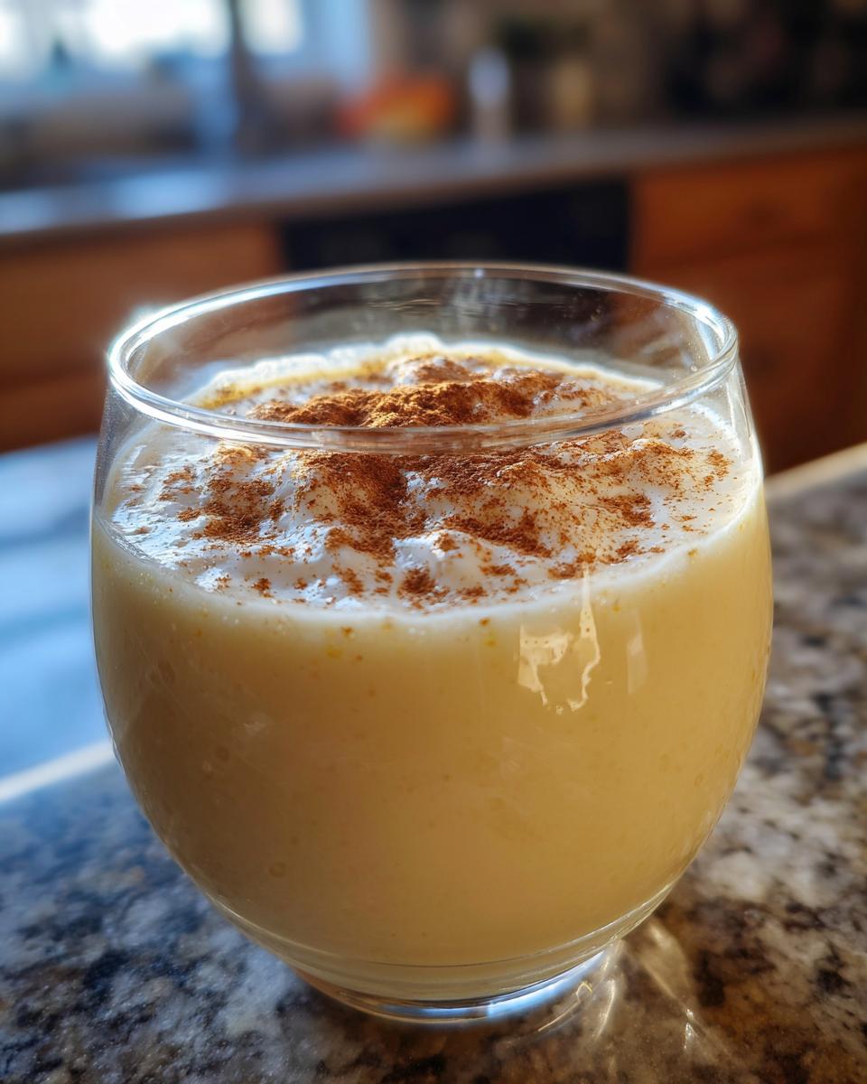 Close-up of a glass filled with creamy homemade eggnog, topped with whipped foam and a dusting of cinnamon.